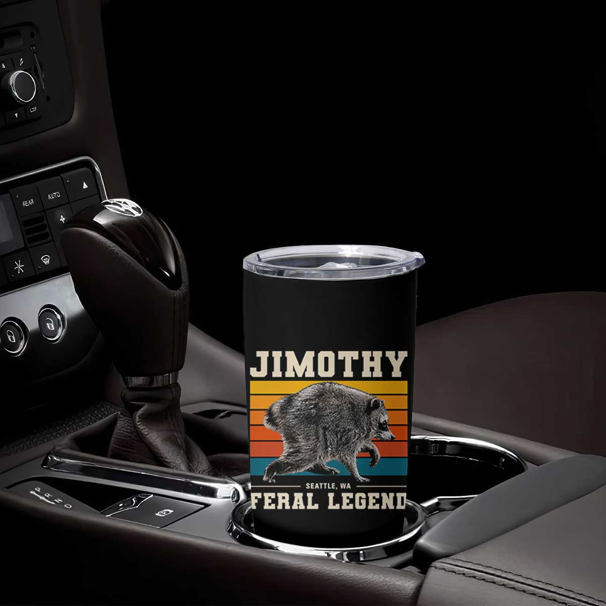 Jimothy from Seattle WA Feral Legend Raccoon Tumbler Cup Viral Trash Panda Retro Sunset Strip Graphic