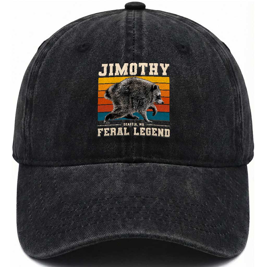 Jimothy from Seattle WA Feral Legend Raccoon Washed Cotton Baseball Cap Viral Trash Panda Retro Sunset Strip Graphic TS02 Print Your Wear