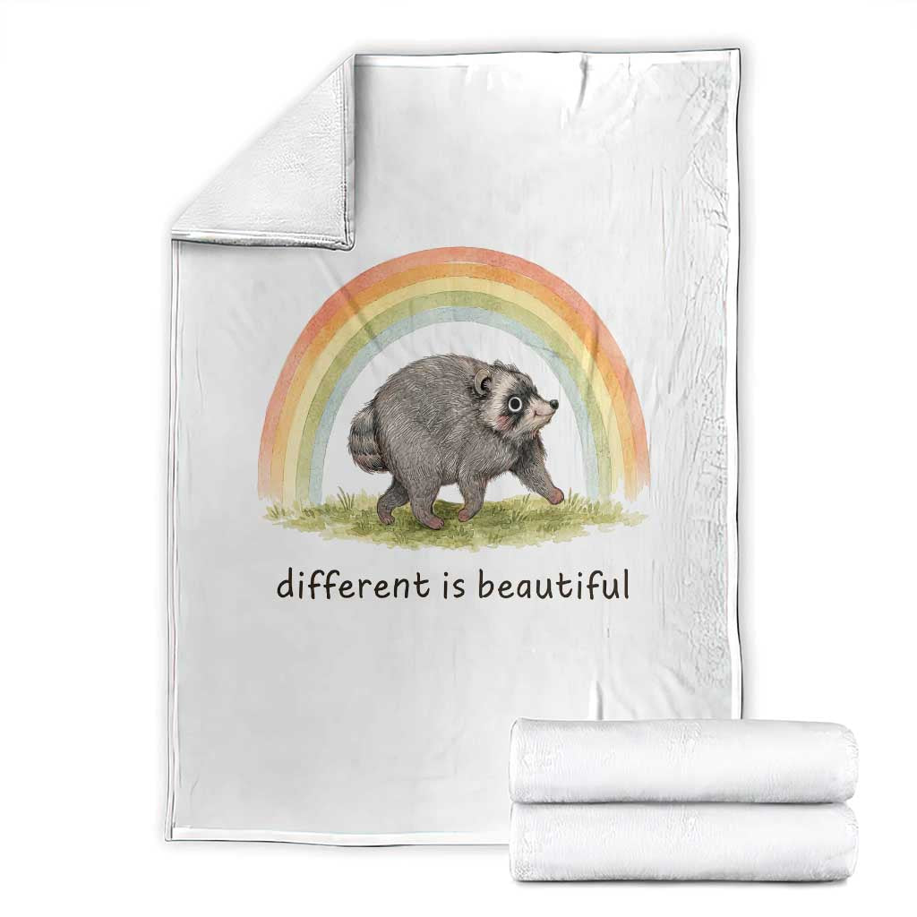Cute Viral Raccoon Positive Quote Throw Blanket Different Is Beautiful Pastel Rainbow Graphic TS02 White Print Your Wear
