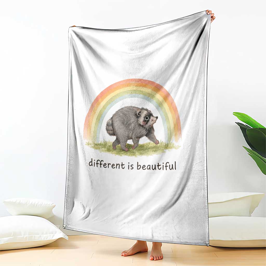 Cute Viral Raccoon Positive Quote Throw Blanket Different Is Beautiful Pastel Rainbow Graphic