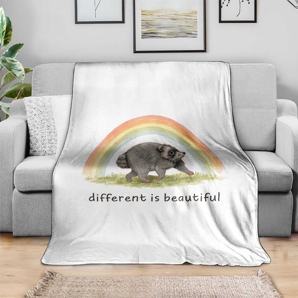 Cute Viral Raccoon Positive Quote Throw Blanket Different Is Beautiful Pastel Rainbow Graphic