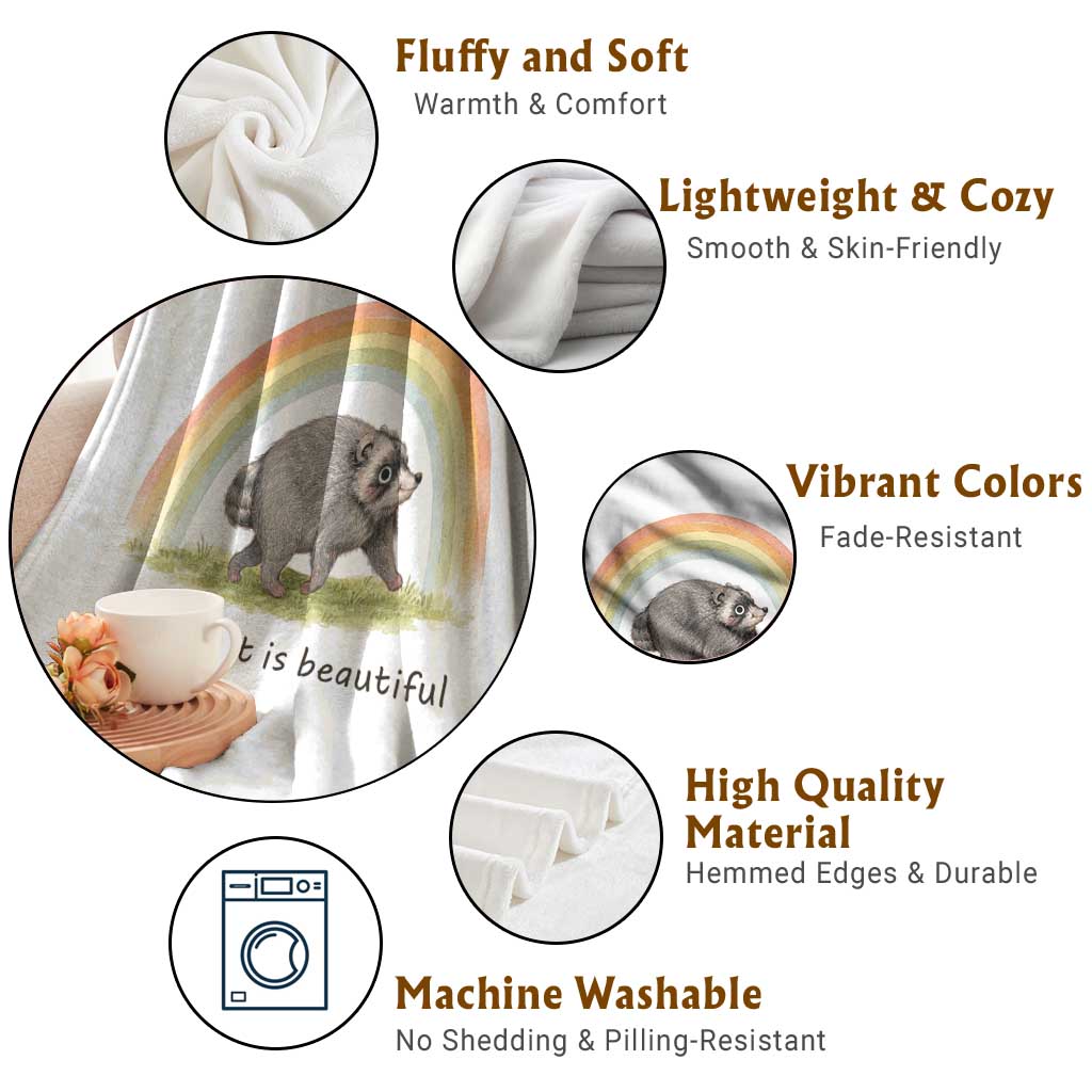 Cute Viral Raccoon Positive Quote Throw Blanket Different Is Beautiful Pastel Rainbow Graphic