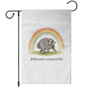 Cute Viral Raccoon Positive Quote Garden Flag Different Is Beautiful Pastel Rainbow Graphic