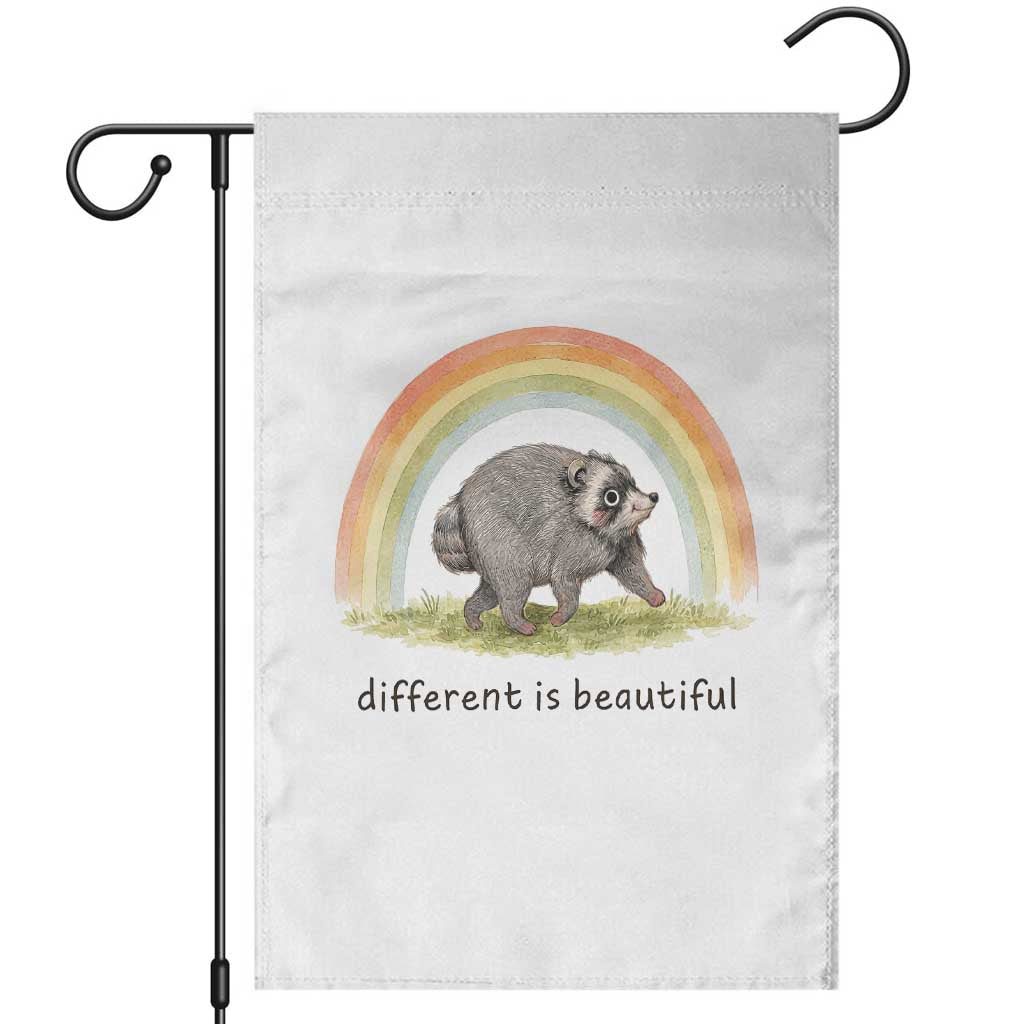 Cute Viral Raccoon Positive Quote Garden Flag Different Is Beautiful Pastel Rainbow Graphic TS02 White Print Your Wear