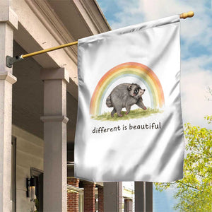 Cute Viral Raccoon Positive Quote Garden Flag Different Is Beautiful Pastel Rainbow Graphic