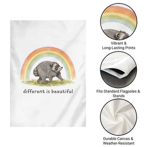 Cute Viral Raccoon Positive Quote Garden Flag Different Is Beautiful Pastel Rainbow Graphic