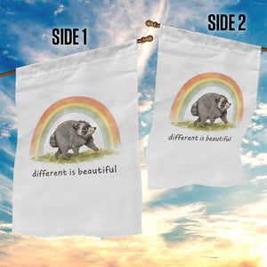 Cute Viral Raccoon Positive Quote Garden Flag Different Is Beautiful Pastel Rainbow Graphic