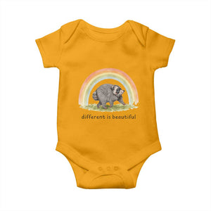 Cute Viral Raccoon Positive Quote Baby Onesie Different Is Beautiful Pastel Rainbow Graphic TS02 Gold Print Your Wear