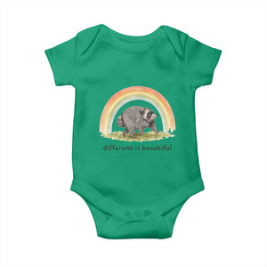 Cute Viral Raccoon Positive Quote Baby Onesie Different Is Beautiful Pastel Rainbow Graphic TS02 Irish Green Print Your Wear