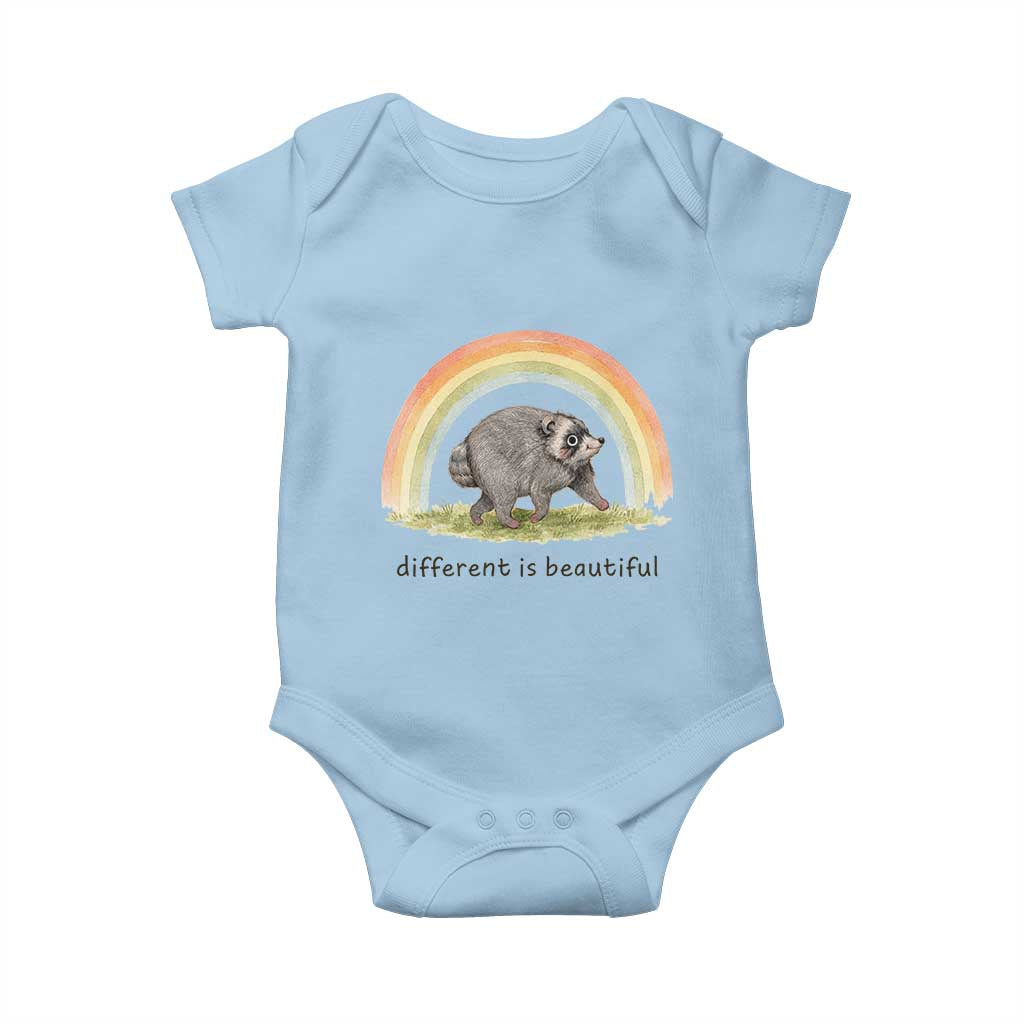 Cute Viral Raccoon Positive Quote Baby Onesie Different Is Beautiful Pastel Rainbow Graphic TS02 Light Blue Print Your Wear