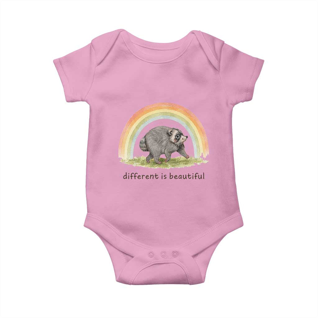 Cute Viral Raccoon Positive Quote Baby Onesie Different Is Beautiful Pastel Rainbow Graphic TS02 Light Pink Print Your Wear