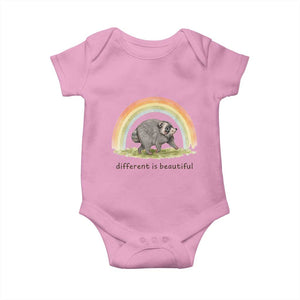 Cute Viral Raccoon Positive Quote Baby Onesie Different Is Beautiful Pastel Rainbow Graphic TS02 Light Pink Print Your Wear