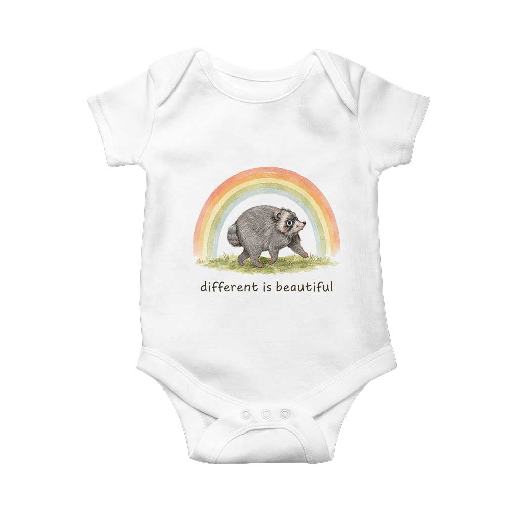 Cute Viral Raccoon Positive Quote Baby Onesie Different Is Beautiful Pastel Rainbow Graphic TS02 White Print Your Wear