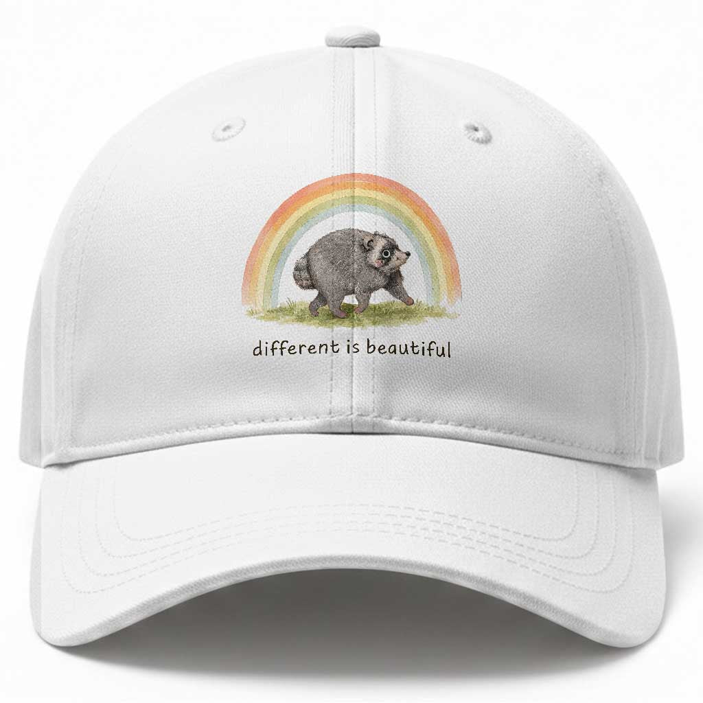 Cute Viral Raccoon Positive Quote Baseball Cap Different Is Beautiful Pastel Rainbow Graphic TS02 Print Your Wear