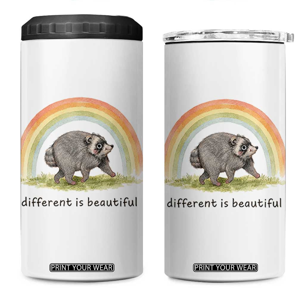 Cute Viral Raccoon Positive Quote 4 in 1 Can Cooler Tumbler Different Is Beautiful Pastel Rainbow Graphic TS02 One Size: 16 oz White Print Your Wear
