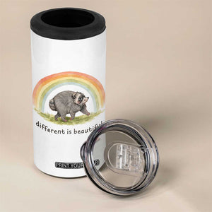 Cute Viral Raccoon Positive Quote 4 in 1 Can Cooler Tumbler Different Is Beautiful Pastel Rainbow Graphic