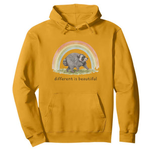 Cute Viral Raccoon Positive Quote Hoodie Different Is Beautiful Pastel Rainbow Graphic TS02 Gold Print Your Wear