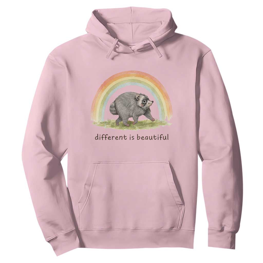 Cute Viral Raccoon Positive Quote Hoodie Different Is Beautiful Pastel Rainbow Graphic TS02 Light Pink Print Your Wear