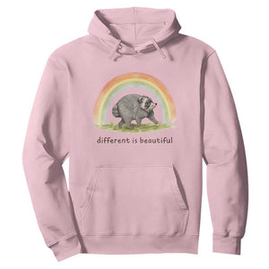 Cute Viral Raccoon Positive Quote Hoodie Different Is Beautiful Pastel Rainbow Graphic TS02 Light Pink Print Your Wear