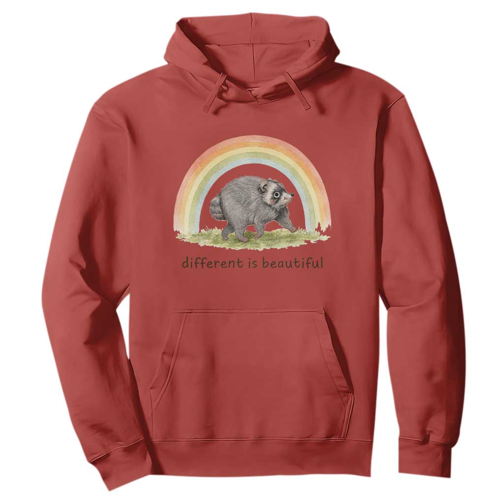 Cute Viral Raccoon Positive Quote Hoodie Different Is Beautiful Pastel Rainbow Graphic TS02 Red Print Your Wear