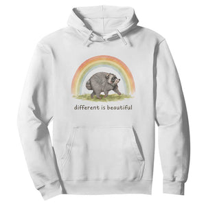 Cute Viral Raccoon Positive Quote Hoodie Different Is Beautiful Pastel Rainbow Graphic TS02 White Print Your Wear
