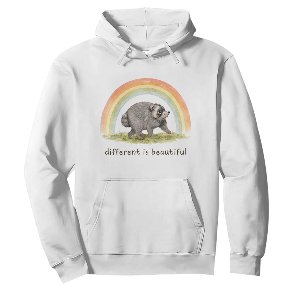 Cute Viral Raccoon Positive Quote Hoodie Different Is Beautiful Pastel Rainbow Graphic TS02 White Print Your Wear