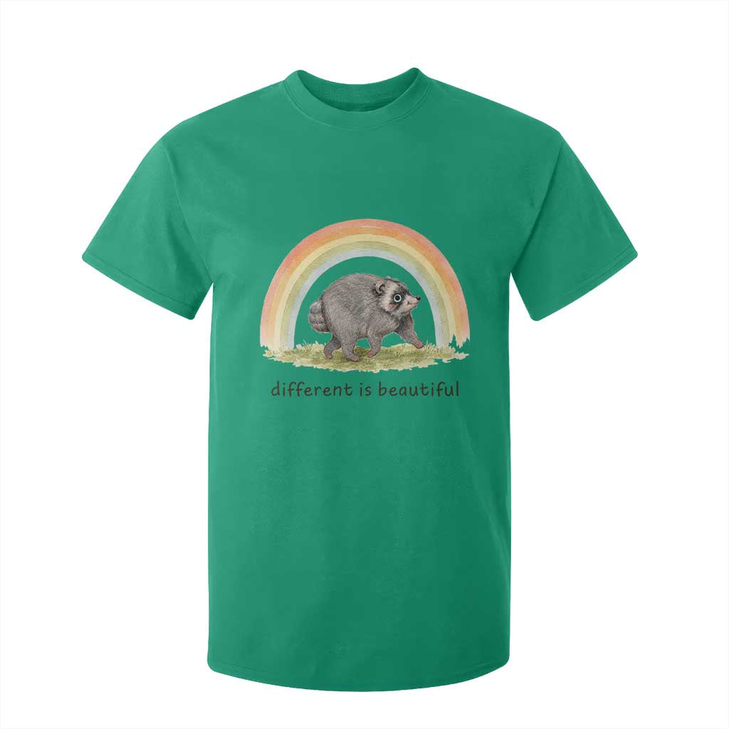 Cute Viral Raccoon Positive Quote T Shirt For Kid Different Is Beautiful Pastel Rainbow Graphic TS02 Irish Green Print Your Wear