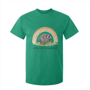 Cute Viral Raccoon Positive Quote T Shirt For Kid Different Is Beautiful Pastel Rainbow Graphic TS02 Irish Green Print Your Wear