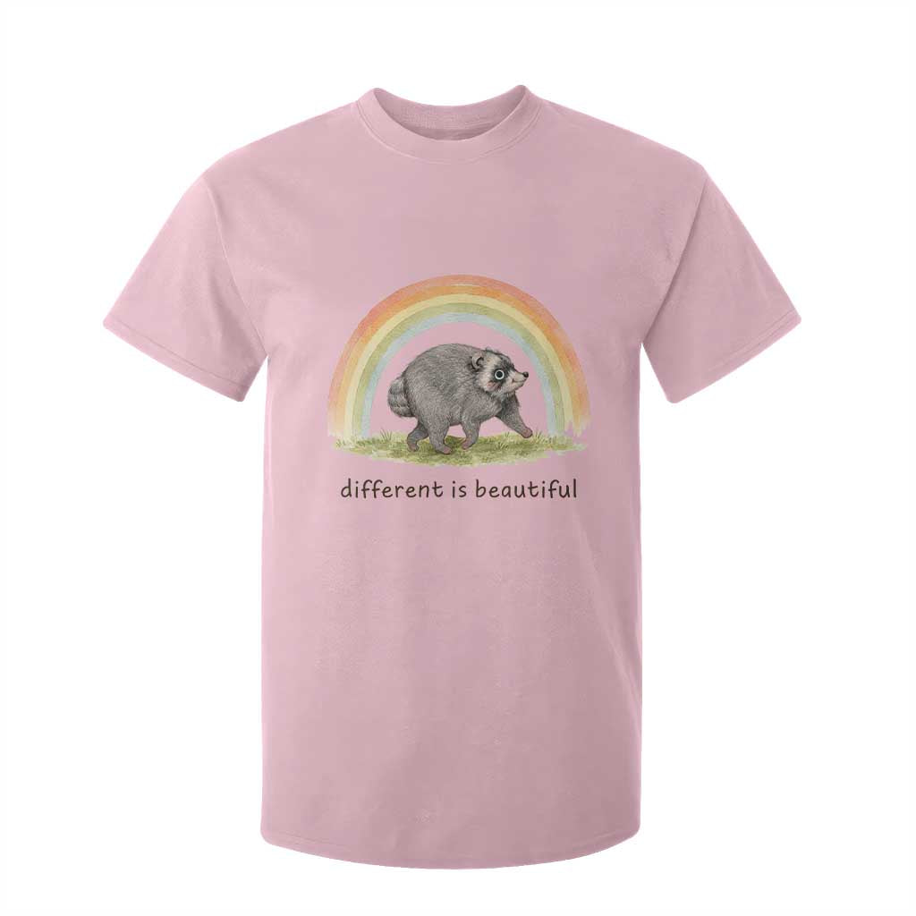 Cute Viral Raccoon Positive Quote T Shirt For Kid Different Is Beautiful Pastel Rainbow Graphic TS02 Light Pink Print Your Wear
