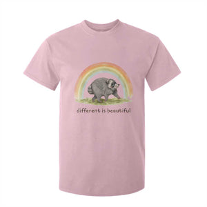 Cute Viral Raccoon Positive Quote T Shirt For Kid Different Is Beautiful Pastel Rainbow Graphic TS02 Light Pink Print Your Wear