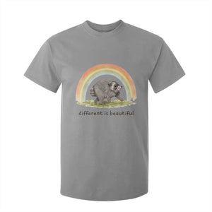 Cute Viral Raccoon Positive Quote T Shirt For Kid Different Is Beautiful Pastel Rainbow Graphic TS02 Sport Gray Print Your Wear