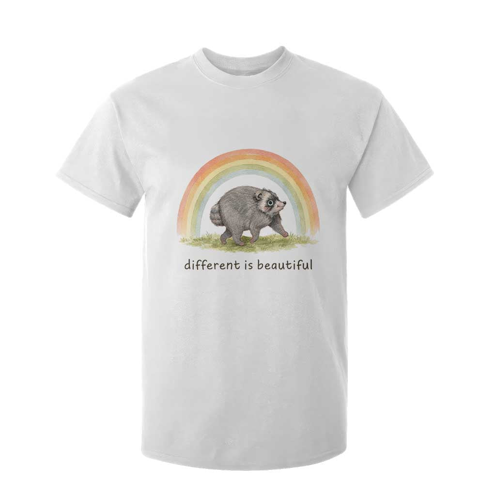 Cute Viral Raccoon Positive Quote T Shirt For Kid Different Is Beautiful Pastel Rainbow Graphic TS02 White Print Your Wear