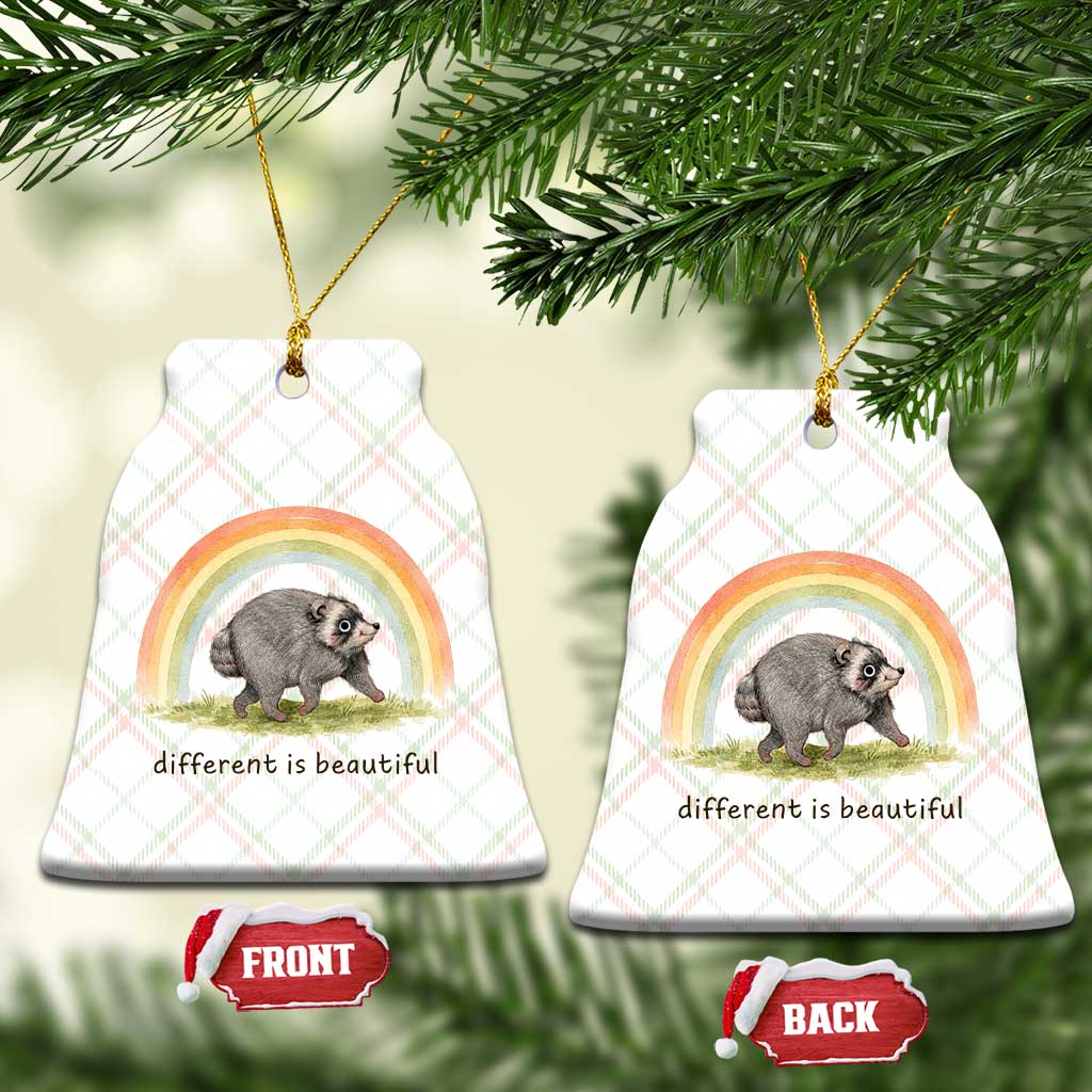 Cute Viral Raccoon Positive Quote Ceramic Ornament Different Is Beautiful Pastel Rainbow Graphic