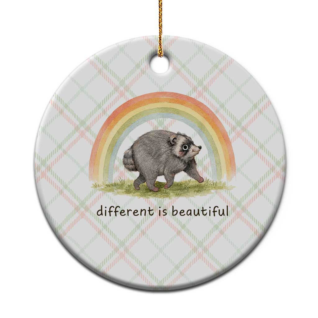 Cute Viral Raccoon Positive Quote Ceramic Ornament Different Is Beautiful Pastel Rainbow Graphic