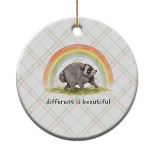 Cute Viral Raccoon Positive Quote Ceramic Ornament Different Is Beautiful Pastel Rainbow Graphic