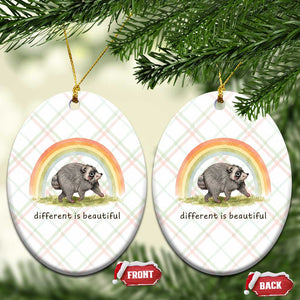 Cute Viral Raccoon Positive Quote Ceramic Ornament Different Is Beautiful Pastel Rainbow Graphic