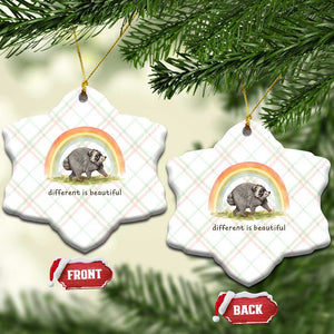 Cute Viral Raccoon Positive Quote Ceramic Ornament Different Is Beautiful Pastel Rainbow Graphic
