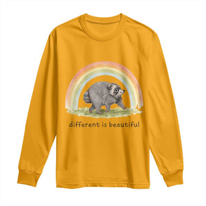 Cute Viral Raccoon Positive Quote Long Sleeve Shirt Different Is Beautiful Pastel Rainbow Graphic TS02 Gold Print Your Wear