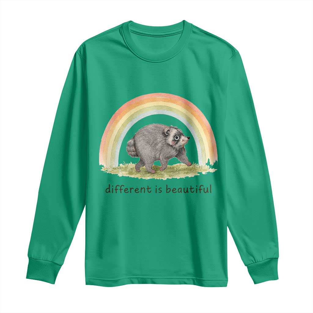 Cute Viral Raccoon Positive Quote Long Sleeve Shirt Different Is Beautiful Pastel Rainbow Graphic TS02 Irish Green Print Your Wear