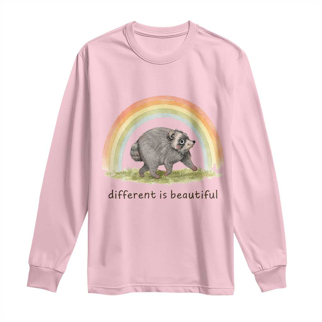 Cute Viral Raccoon Positive Quote Long Sleeve Shirt Different Is Beautiful Pastel Rainbow Graphic TS02 Light Pink Print Your Wear
