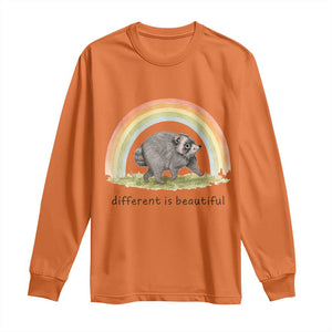 Cute Viral Raccoon Positive Quote Long Sleeve Shirt Different Is Beautiful Pastel Rainbow Graphic TS02 Orange Print Your Wear