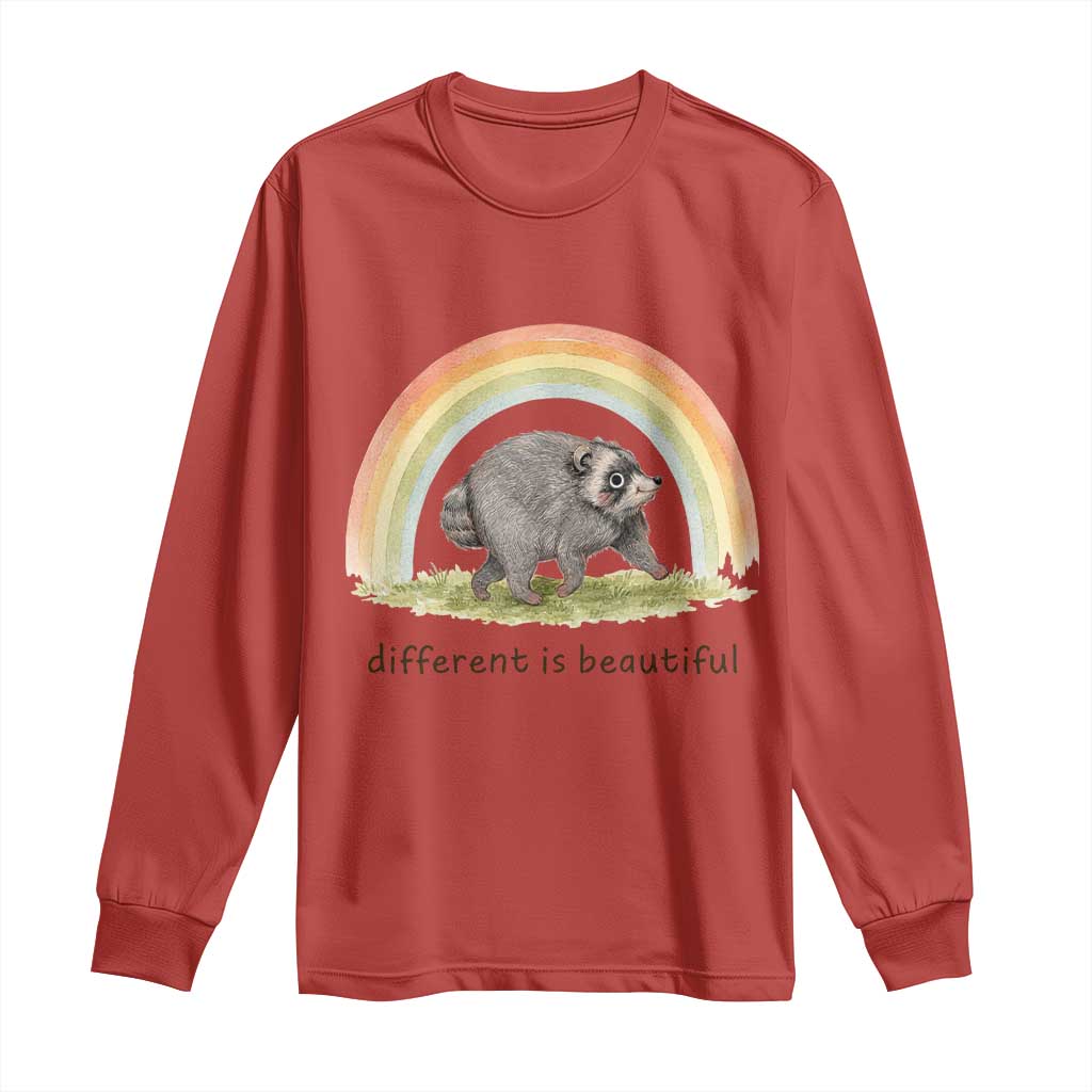 Cute Viral Raccoon Positive Quote Long Sleeve Shirt Different Is Beautiful Pastel Rainbow Graphic TS02 Red Print Your Wear