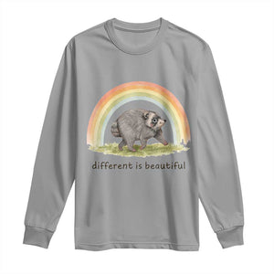 Cute Viral Raccoon Positive Quote Long Sleeve Shirt Different Is Beautiful Pastel Rainbow Graphic TS02 Sport Gray Print Your Wear