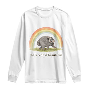 Cute Viral Raccoon Positive Quote Long Sleeve Shirt Different Is Beautiful Pastel Rainbow Graphic TS02 White Print Your Wear