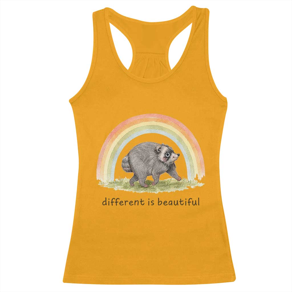 Cute Viral Raccoon Positive Quote Racerback Tank Top Different Is Beautiful Pastel Rainbow Graphic TS02 Gold Print Your Wear