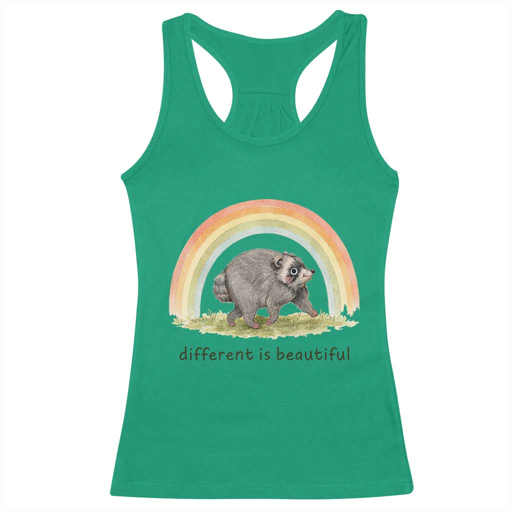 Cute Viral Raccoon Positive Quote Racerback Tank Top Different Is Beautiful Pastel Rainbow Graphic TS02 Irish Green Print Your Wear