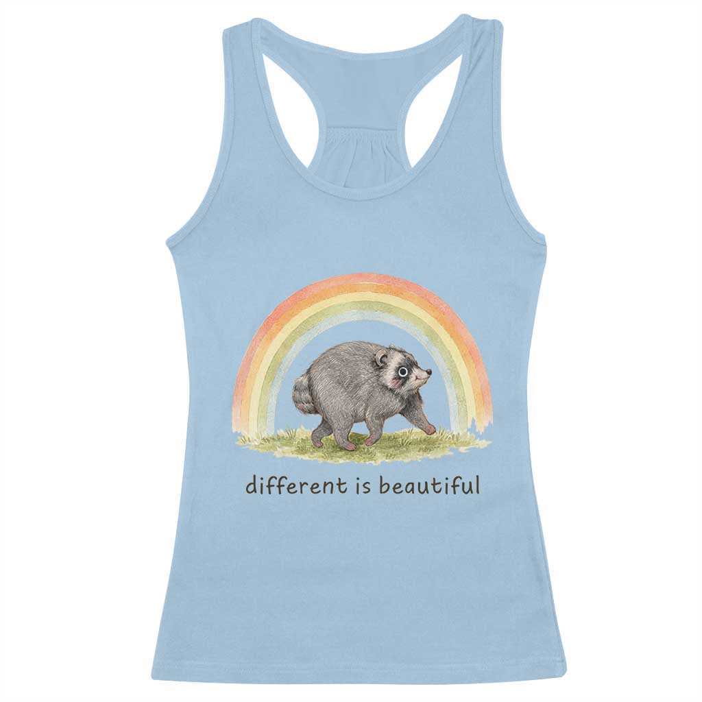Cute Viral Raccoon Positive Quote Racerback Tank Top Different Is Beautiful Pastel Rainbow Graphic TS02 Light Blue Print Your Wear