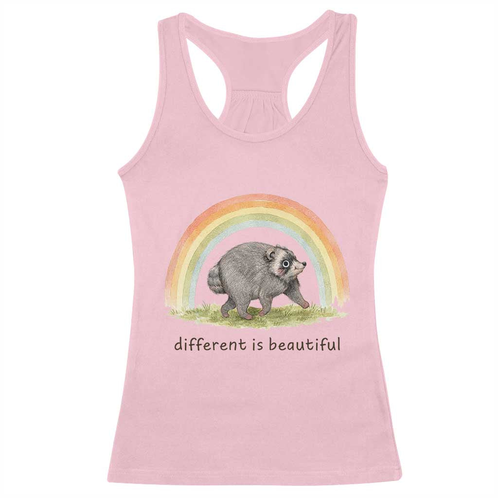 Cute Viral Raccoon Positive Quote Racerback Tank Top Different Is Beautiful Pastel Rainbow Graphic TS02 Light Pink Print Your Wear