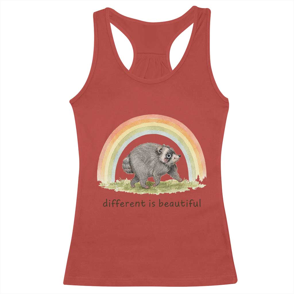 Cute Viral Raccoon Positive Quote Racerback Tank Top Different Is Beautiful Pastel Rainbow Graphic TS02 Red Print Your Wear