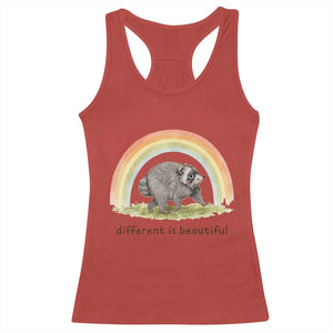 Cute Viral Raccoon Positive Quote Racerback Tank Top Different Is Beautiful Pastel Rainbow Graphic TS02 Red Print Your Wear